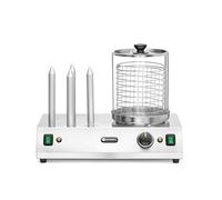 HENDI Máquina para perritos calientes y salchichas, calentador eléctrico para hot dogs de 20 a 95 °C con cilindro de vidrio y 4 pinchos calentadores para pan, 550W, 500x310x(H)395mm, acero inoxidable
