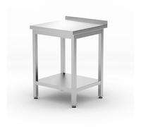 HENDI Mesa de trabajo, de pared, encimera, con estante, atornillada, patas ajustables, para autoensamblar, para restaurantes, bares, cocinas, con salpicadero: 40mm, 600x600x(H)850mm, acero inoxidable