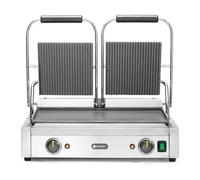 HENDI Parrilla Eléctrica de Contacto Doble, Grill/Plancha Panini y Sandwichera Profesional, Placas Acanaladas y Lisas de Hierro Fundido Esmaltado, 230V, 3600W, 570x375x(H)216mm, Acero Inoxidable