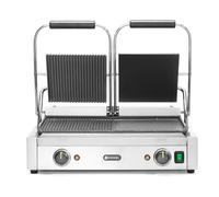 HENDI Parrilla Eléctrica de Contacto Doble, Grill/Plancha Panini y Sandwichera Profesional, Placas Acanaladas y Lisas de Hierro Fundido Esmaltado, 230V, 3600W, 570x375x(H)216mm, Acero Inoxidable