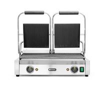HENDI Parrilla Eléctrica de Contacto Doble, Grill/Plancha Panini y Sandwichera Profesional, Placas Acanaladas de Hierro Fundido Esmaltado, 230V, 3600W, 570x375x(H)216mm, Acero Inoxidable
