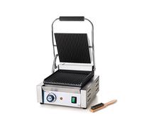 HENDI Parrilla Eléctrica de Contacto, Grill/Plancha Panini y Sandwichera Profesional, Placas Acanaladas de Hierro Fundido Esmaltado, 230V, 1800W, 310x375x(H)216mm, Acero Inoxidable