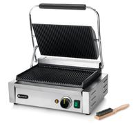 HENDI Parrilla Eléctrica de Contacto, Grill/Plancha Panini y Sandwichera Profesional, Placas Acanaladas de Hierro Fundido Esmaltado, 230V, 2200W, 430x375x(H)216mm, Acero Inoxidable