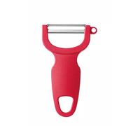 HENDI Pelador universal, hoja horizontal curvada de 50mm, para frutas y verduras, pelador de patatas, pelador de cocina, 110x(H)12mm, acero inoxidable, polipropileno, rojo