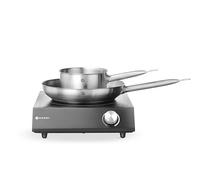 HENDI Placa de inducción 3500W, incluye Cazo y Sartén, conjunto de cocina, soporta 20kg, apta para ollas con diámetro de fondo de ⌀120-260 mm, 395x320x(H)95mm, negro mate, vidrio, acero inoxidable