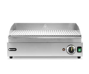 HENDI Plancha de asar eléctrica acanalada, grill parrilla con bandeja de goteo extraíble, temperatura regulable hasta 300°C, 230V, 2400W, 527x404x(H)233mm, acero inoxidable