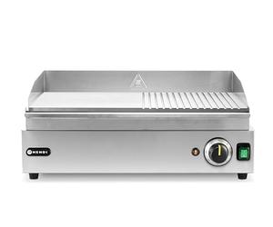 HENDI Plancha de asar eléctrica mixta 1/2 lisa y 1/2 acanalada, grill parrilla con bandeja de goteo extraíble, temperatura regulable hasta 300°C, 230V, 2400W, 527x404x(H)233mm, acero inoxidable