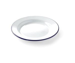 HENDI Plato de acero esmaltado blaco, con borde azul, llano, bandeja, recipiente redondo, para horno de cocina, para preparar y servir diferentes platos, postres, ensaladas, ø240x(H) 22mm