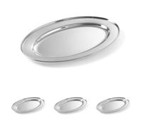 HENDI Plato oval de servicio, bandeja multiusos para cocina, decoración y presentación de alimentos, carnes y fiambres, fuente de fiesta, 400x260x(H) 27mm, acero inoxidable (Paquete de 4)