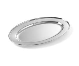 HENDI Plato oval de servicio, bandeja multiusos para cocina, decoración y presentación de alimentos, carnes y fiambres, fuente de fiesta, 400x260x(H) 27mm, acero inoxidable