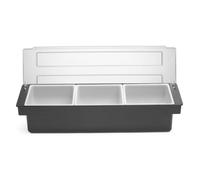 HENDI Portacondimentos de Bar, Bandeja de Guarniciones para Cócteles BarUp, Caja Organizadora con Tapa Transparente, 3 Contenedores de Polipropileno, 480x150x(H) 100mm, HIPS, Negro