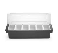 HENDI Portacondimentos de Bar, Bandeja de Guarniciones para Cócteles BarUp, Caja Organizadora con Tapa Transparente, 6 Contenedores de Polipropileno, 480x150x(H) 100mm, HIPS, Negro