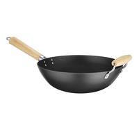 HENDI Sartén Wok, con asa y mango de madera de caucho, fondo: ø110mm, con recubrimiento antiadherente natural después de curar, 565x324x(H)160mm, acero al carbón