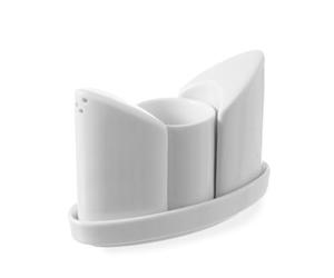 HENDI Set de Salero, Pimentero y Palillero con Bandeja de Porcelana Blanca, Conjunto de 4 Piezas, Utensilios de Cocina para Servir Sal, Pimienta y Palillos de Dientes, 125x54x(H)90mm