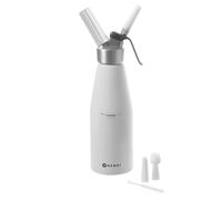 HENDI Sifón de Nata, con 3 boquillas Diferentes, Soporte para el Cargador y Cepillo de Limpieza, para Nata montada, mousses, postres, 0,95L, ø95x(H) 320mm, Aluminio, Blanco
