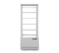 HENDI Vitrina expositora refrigerada, descongelación automática, sistema antivaho, 4 estantes, iluminaciónED, etiqueta energética C, 98L, 230V, 210W, 452x406x(H)1116mm, Blanco, ABS, doble cristal