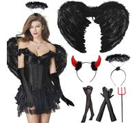 Hendpock Alas de ángel Negras, alas para niños, Disfraz de ángel de Diablo, Juego con alas de ángel, Cuernos de Diablo, Varita mágica, Disfraz de ángel Malvado para Halloween, Carnaval, Cosplay