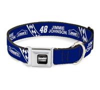 Hendrick Motorsports Collar para mascotas, collar de perro, hebilla de cinturón de seguridad de metal, Jimmie Johnson #48 Lowes Logo Checker azul y blanco, 13 a 17 pulgadas 1.5 pulgadas de ancho