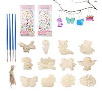 HENGBIRD Juego de 36 colgantes de madera, para niños, para manualidades, para el cumpleaños de los niños, para pintar y colgar, manualidades, mariposas y flores, con pluma de acuarela, strass