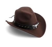 HENGBIRD marrón Sombrero Cowboy,Sombreros Hombre,Sombrero Vaquero Hombre,Cowboy Hat,con Aplique de Cabeza de Toro y Banda Ajustable (56-60 cm) para jardinería y Fiestas temáticas