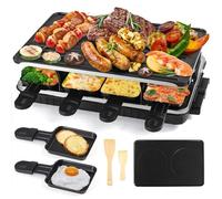 HengBO Raclette 8 Personas - 2 en 1 Raclette Grill con 8 Mini Sartenes y Reversible para Grill y Crepes - 1300 W