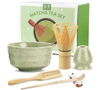 HengLiSam Matcha Kit 6 Piezas, Set de Té Matcha Japonesa con Batidor de Matcha, Cuenco de Matcha con Pitorro, Soporte para Batidor de Matcha, Soporte para Cuchara y 2 Cucharas - Verde Clásico
