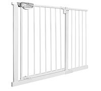 HENGMEI Auto Close - Rejilla de seguridad para escaleras con fijación a presión, para niños o animales,sin agujeros, apertura de 180° en dos direcciones (105-115 cm, color blanco)