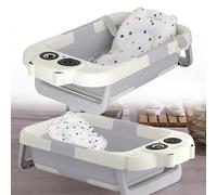 HENGMEI Bañera de bebé plegable con cojín de asiento asiento de bañera portátil para baño de bebés, azul claro (pantalla digital + alfombrilla de baño)