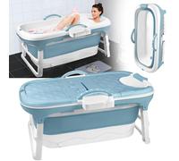 HENGMEI Bañera Plegable Adulto L Bañera Móvil Portátil Con Cubierta Rodillos de Masaje y Bandeja de Bañera, Azul (112 x 62 x 52 cm)