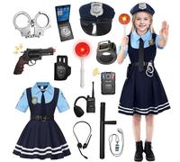 Hengrongshen Disfraz de policía para niños y niñas, disfraz de policía con gorro, cinturón, walkie-talkie y esposas, juego de accesorios, para carnaval, Halloween, carnaval, cosplay (L-125-130 cm)