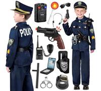 Hengrongshen Disfraz Policia Niño con Esposas Juguete Niños, Funda de Pistola, Silbato, Placa y Otros Accesorios de Juguete, Policia Disfraz Lujo para Halloween de Cosplay (10-12 años)