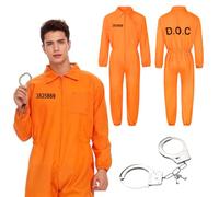 Hengrongshen Disfraz Preso, Mono Naranja Disfraz Preso Llevar un par de Esposas, Disfraz preso Hombre Adecuado para Halloween, Carnaval, Fiestas Rave, Cosplay