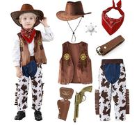 Hengrongshen Disfraz Vaquero Niño, Disfraz Cowboy Niño con Sombrero de Vaquero, Chaleco, Pañuelo y Accesorios, Disfraces Vaquera Niña, Disfarce Sheriff Niños para Carnaval, Halloween, Navidad (130)