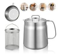 Hengrongshen Olla para freír de 2 litros, olla con colador de acero inoxidable, recipiente para grasa, cesta para freír cacerola con tapa a prueba de polvo, depósito de aceite para guardar asados y