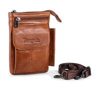 Hengwin Multifuncional Cuero Genuino Cremallera Bolsillos Hombres Vintage Look Bolso Bolso de Hombro teléfono cinturón Bolsa teléfono Funda para Viajes Actividades al Aire Libre (Marrón)