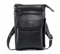 Hengwin Multifuncional Cuero Genuino Cremallera Bolsillos Hombres Vintage Look Bolso Bolso de Hombro teléfono cinturón Bolsa teléfono Funda para Viajes Actividades al Aire Libre (Negro)