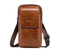 hengwin Multifuncional cuero genuino doble cremallera bolsillos hombres vintage look bolso bolso de hombro teléfono cinturón bolsa teléfono funda para viajes actividades al aire libre (Marrón)