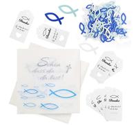 Hengxinchen 90pcs Decoración De Peces Madera Piezas Con 20pcs Servilletas De Papel Y 10pcs Tarjeta De Agradecimiento Para Decoraciones De Fiestas, Comuniones, Festivales (Azul)