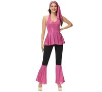 Hengzhifeng Disfraz Disco Mujer Años 70 Hippie Traje Retro Fiesta Carnaval (X-Small, Rosa)