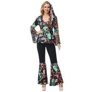 Hengzhifeng Disfraz Disco Para Mujer Años 70 80 Hippie Disfraces de Carnaval (Large, Negro)