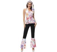 Hengzhifeng Disfraz Disco Para Mujer Años 70 80 Hippie Traje Retro Fiesta de Carnaval (Small, Blanco Flower)