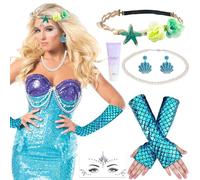 Henjunu 6 Piezas Juego de Joyas de Sirena, Diadem Collar+Pendientes+Guantes+Pegatinas Faciales+Gel de lentejuelas, Regalo para Niñas Carnaval Fiesta Cosplay