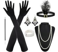 Henkodo Accesorios Años 20 Mujer,6pcs 1920s Set de Accesorios Disfraz,1920 Juego de Accesorios con Flapper Diadema Guantes Collar de Perlas Pendientes Años 20 Fiesta Disfraz para Halloween Carnaval