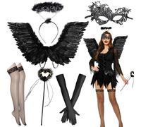 Henkodo Engelsflügel Schwarz 66cm,Teufel Kostüm Engel kostüm Damen Mädchen Engel Haarreif Heiligenschein zauberstab Handschuhe Mask Karneval Kostüm Faschingkostüme für Halloween Karneval Cosplay