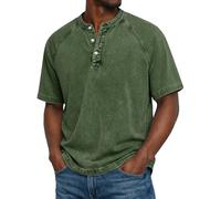 Henley - Camiseta de manga corta para hombre, cuello de abuelo, manga raglán, ajuste regular, vintage, refrescante, transpirable, absorbe la humedad, cómodas camisetas casuales, Verde tirando a negro