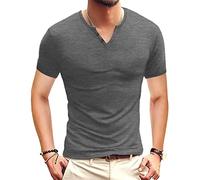 Henley Shirt Herren Kurzarm Basic T-Shirt für Urban Classic Casual Slim Fit mit V-Ausschnitt Baumwolle für den Sommer, 10 Gris Oscuro, L