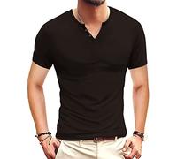 Henley Shirt Herren Kurzarm Basic T-Shirt für Urban Classic Casual Slim Fit mit V-Ausschnitt Baumwolle für den Sommer, Negro , XL