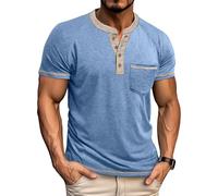 Henley Shirt Herren Kurzarm Sommer Tshirt mit Tasche Basic Oberteile Slim Fit Klassisch Hemd atmungsaktiv Leicht Oberteil Business Freizeithemd für den Alltäglichen Patchwork Streetwear, O azul., L