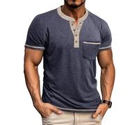 Henley Shirt Herren Kurzarm Sommer Tshirt mit Tasche Basic Oberteile Slim Fit Klassisch Hemd atmungsaktiv Leicht Oberteil Business Freizeithemd für den Alltäglichen Patchwork Streetwear, O Navy, S