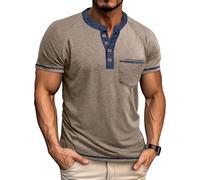 Henley Shirt Herren Kurzarm Sommer Tshirt mit Tasche Basic Oberteile Slim Fit Klassisch Hemd atmungsaktiv Leicht Oberteil Business Freizeithemd für den Alltäglichen Patchwork Streetwear, O Khaki, L